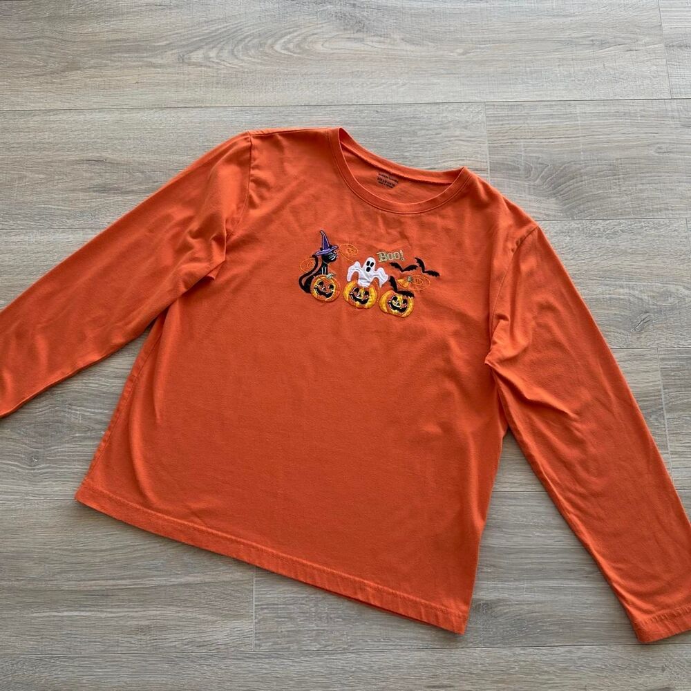 Bobbie Brooks Women's Large Orange Long Sleeve T-Shirt Halloween Retro Teacher